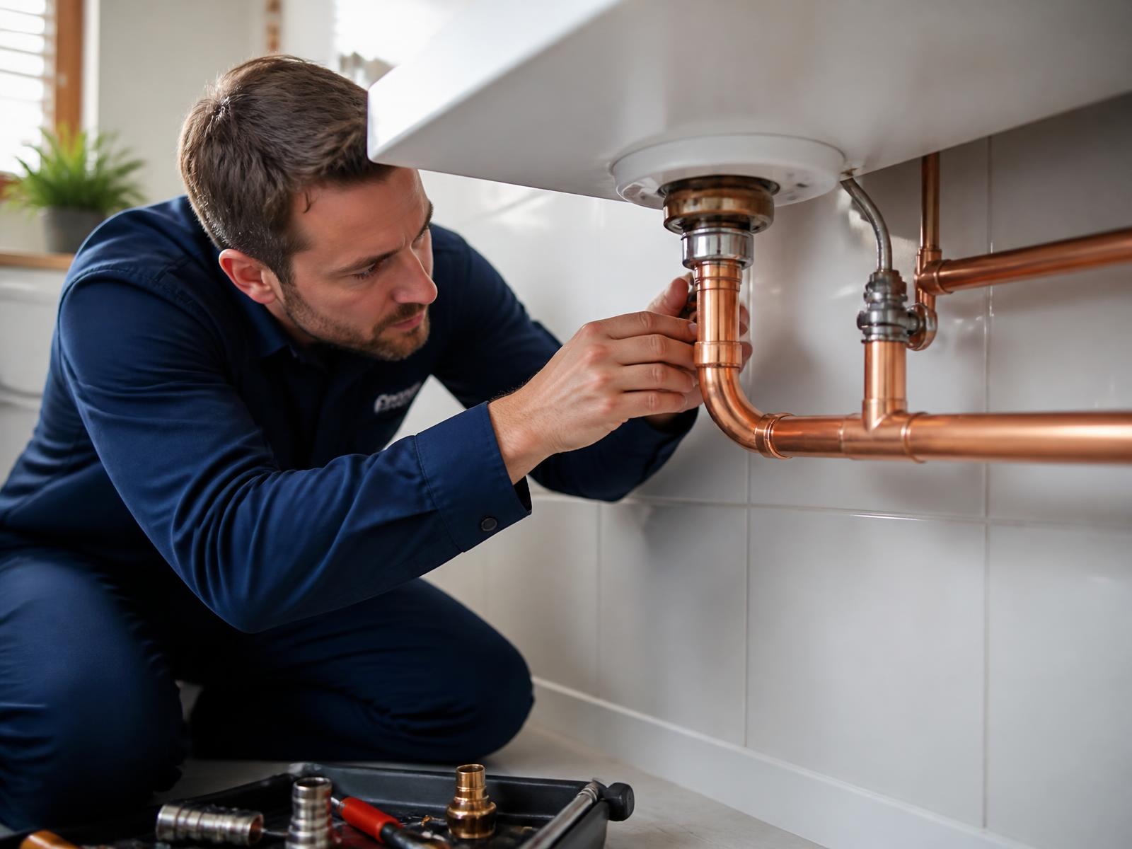 Plumber repairing residential pipework under a bathroom sink in Durban